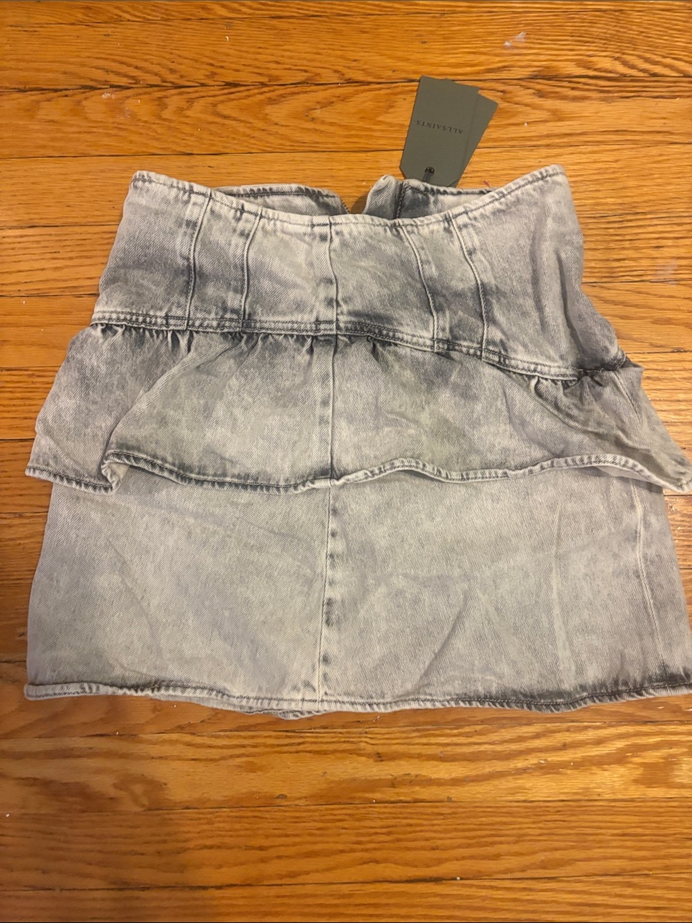 All Saints Light Gray Ruffle Denim Mini Skirt